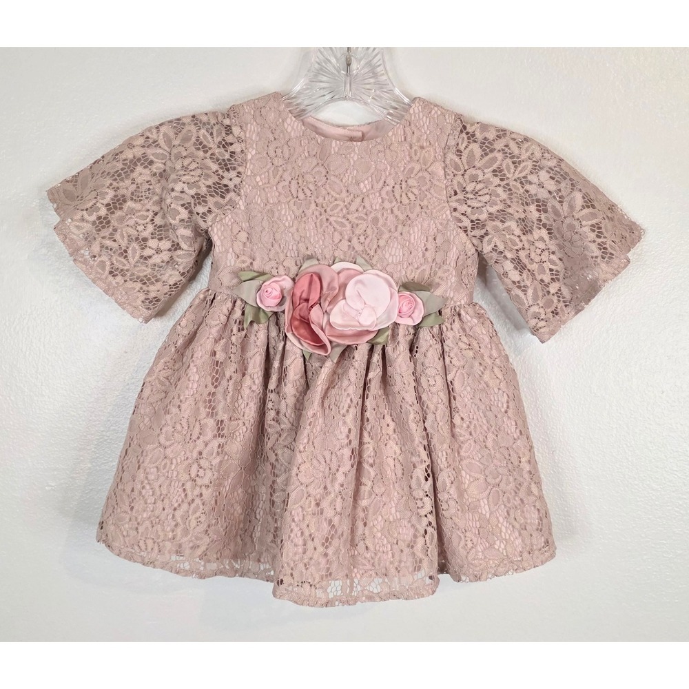 Laura Ashley London Baby Girl Mauve Pink Floral Lace Dress Rose Sash 12M
